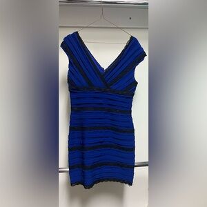 V-Neck Blue Dress with Black Lace Trim